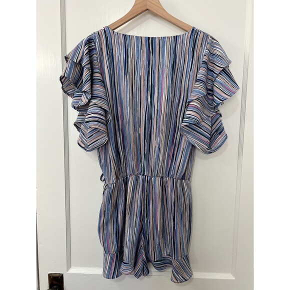 Umgee Women's Colorful Stripe Faux Wrap Ruffle Romper Elastic Waist Size S - Picture 2 of 7